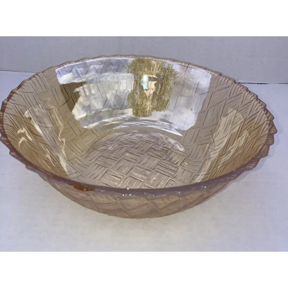 Vintage Amber Cross Cross Basket Weave Carnival Glass Serving Bowl. 9
